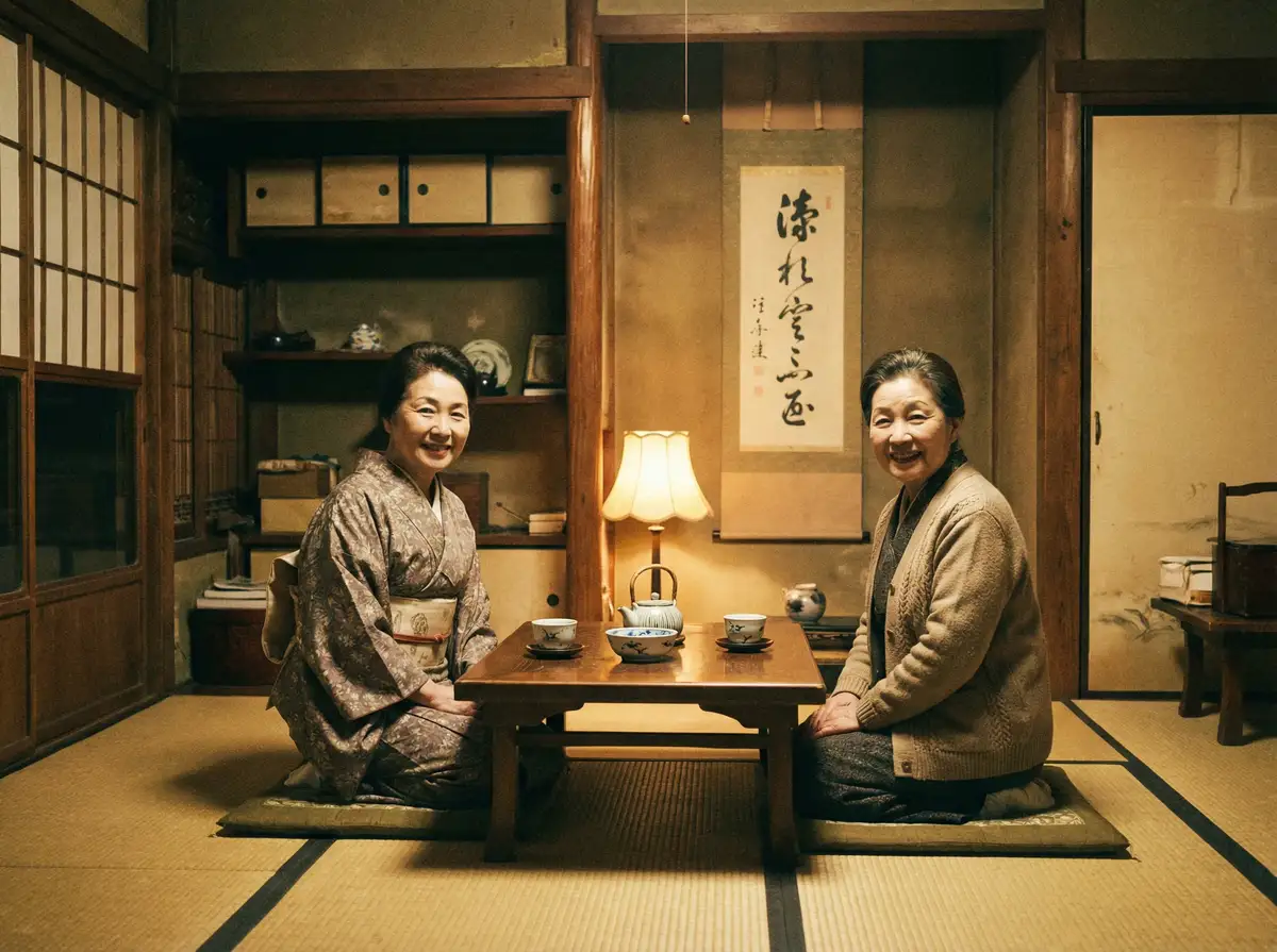 两位优雅的 里番导航 | 里番官方入口~热点里番分享平台 在日式茶室中品茶交谈